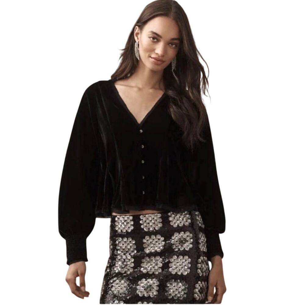 NWT ANTHROPOLOGIE Women’s Black Velvet Mesh Trimmed Swing Top